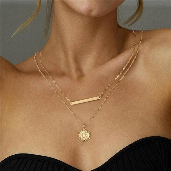 Gold Layered Initial Necklaces for Women, 14K Gold Plated Bar Necklace Handmade - Picture 4 of 7